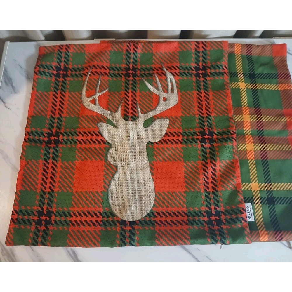 Mike and Co. Christmas Pillow Covers Set of 2 18X18 Reindeer Plaid Holiday Decor - Picture 2 of 5